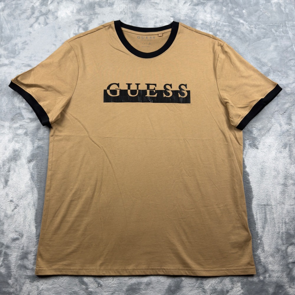Guess Los Angeles Mens XL Ringer Tee Tan Black Studded Logo T-Shirt Short Sleeve
